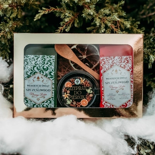 Świąteczny upominek w złotym pudełku: 2 herbatki + przyprawa do piernika 25g.jpg