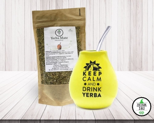 Zestaw Matero ceramiczne żółte Keep Calm z Bombillą i Yerba Mate 100g Zielnik Jagi.jpg