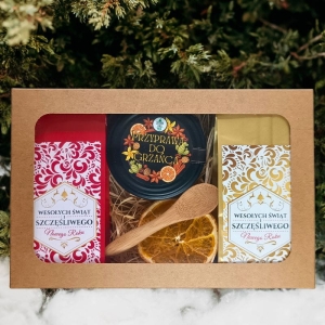 Świąteczny podarek w kraft pudełku: 2 herbatki + przyprawa do grzańca nr 5