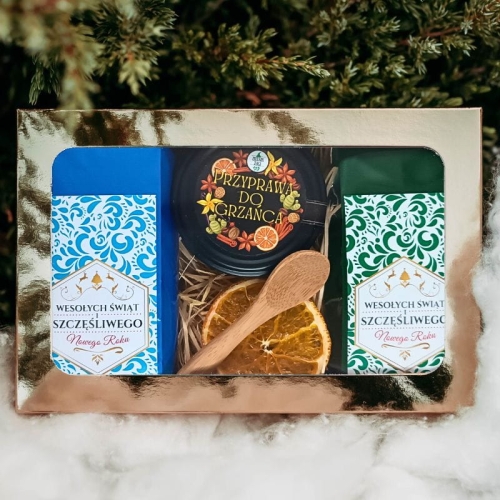 Świąteczny podarek w złotym pudełku: 2 herbatki + przyprawa do grzańca Zielnik Jagi.jpg