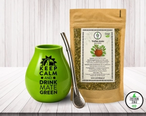 Zestaw Matero ceramiczne zielone Keep Calm z Bombillą i Yerba Mate 100g