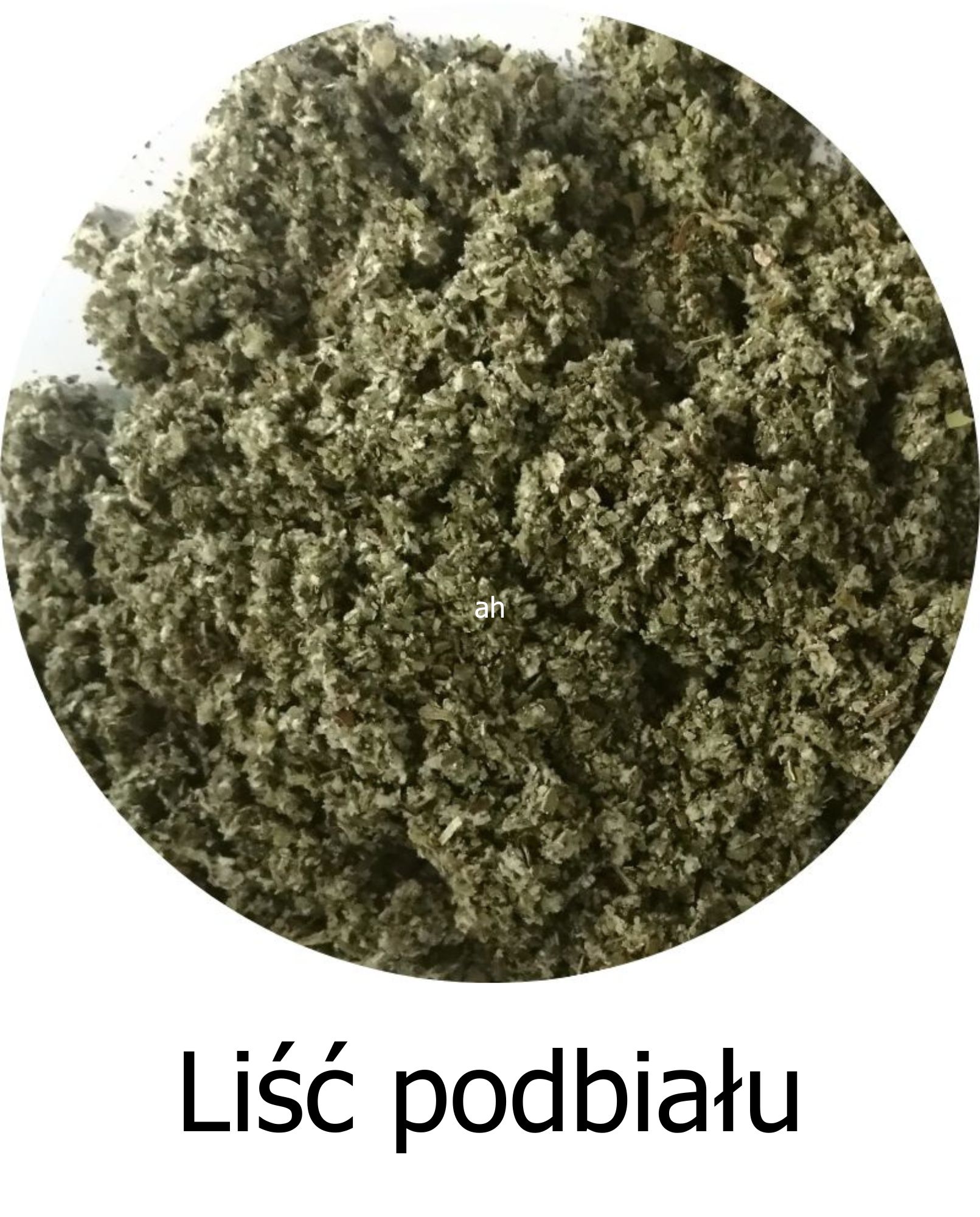 Rozdrobnione, suszone liście podbiału pospolitego (Tussilago farfara), stosowane w fitoterapii głównie jako środek wykrztuśny i osłaniający drogi oddechowe.