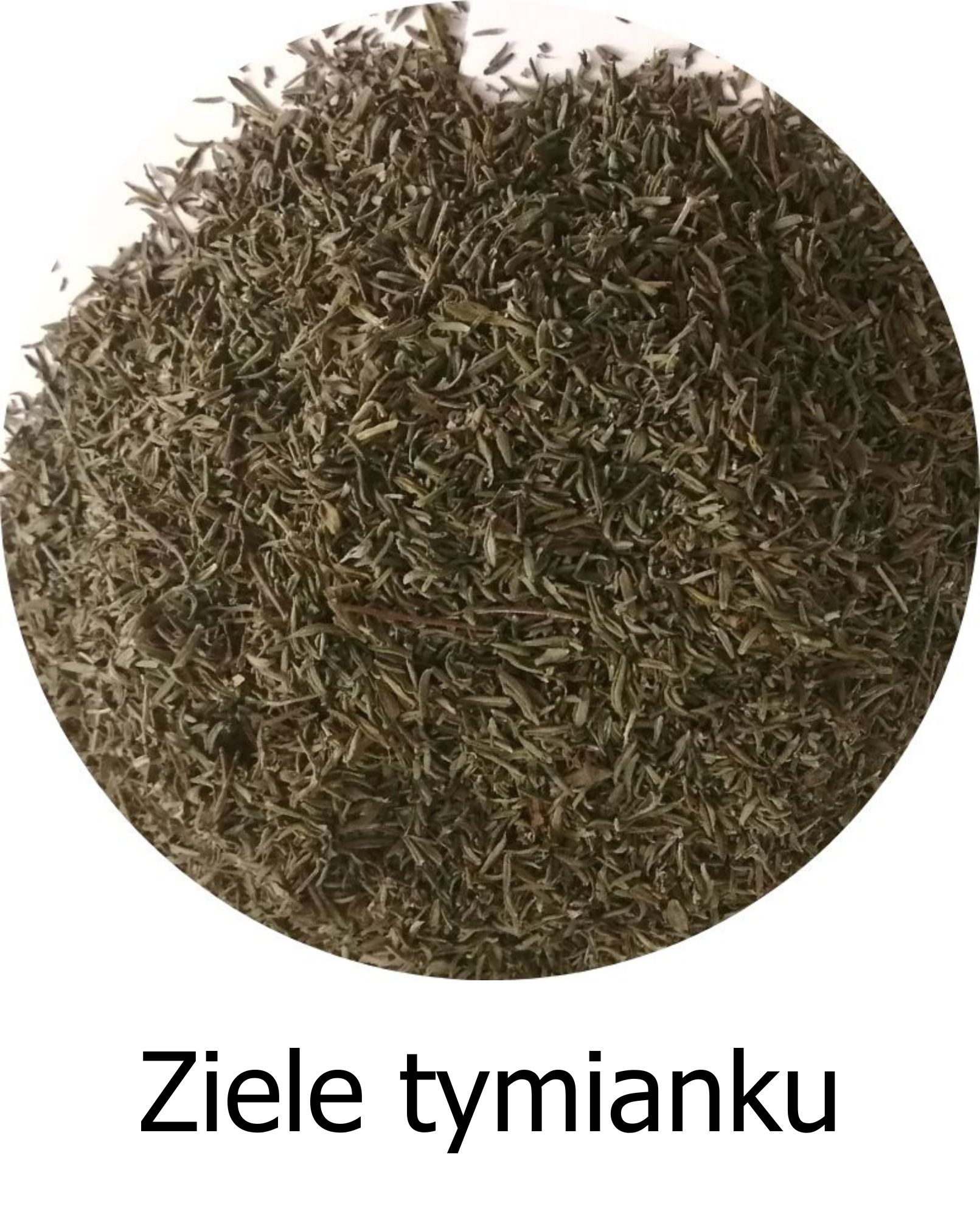 Suszone i rozdrobnione ziele tymianku pospolitego (Thymus vulgaris), znane z intensywnego aromatu i właściwości wykrztuśnych, antyseptycznych oraz przeciwbakteryjnych.